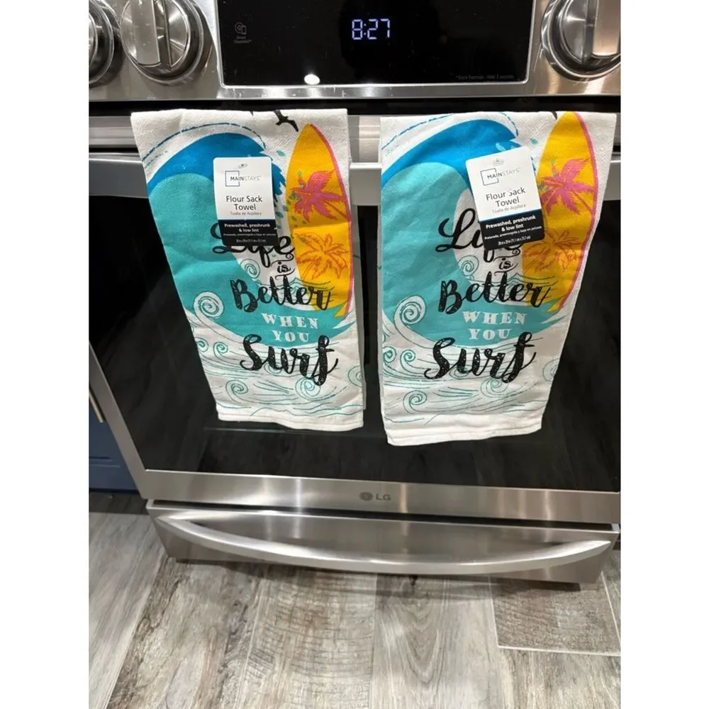 Mainstays Surf Kitchen Two Towels in White, Blue, Yellow